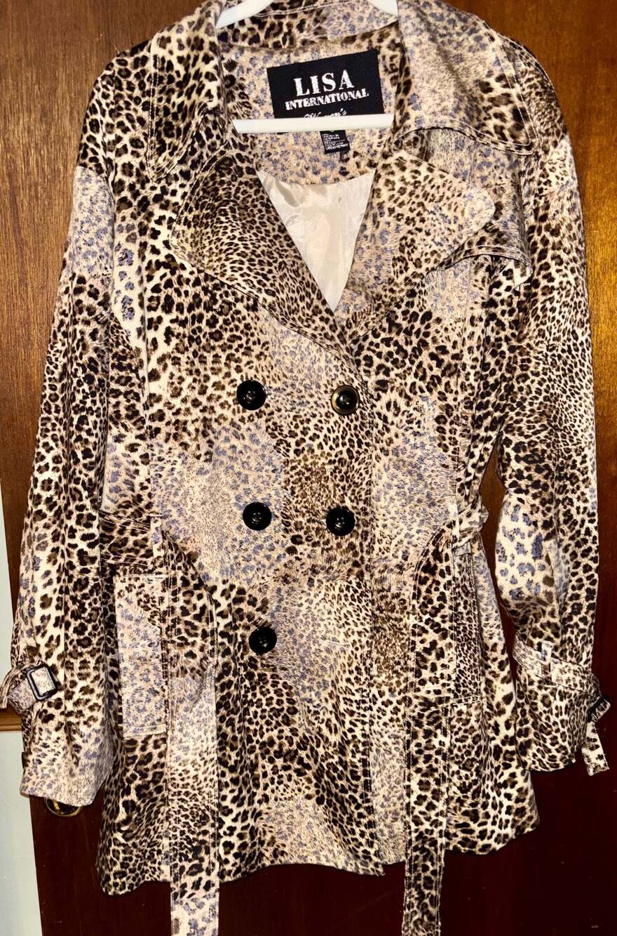 Lisa International Women's Leopard Print Double Breasted Belted Trench Coat Size